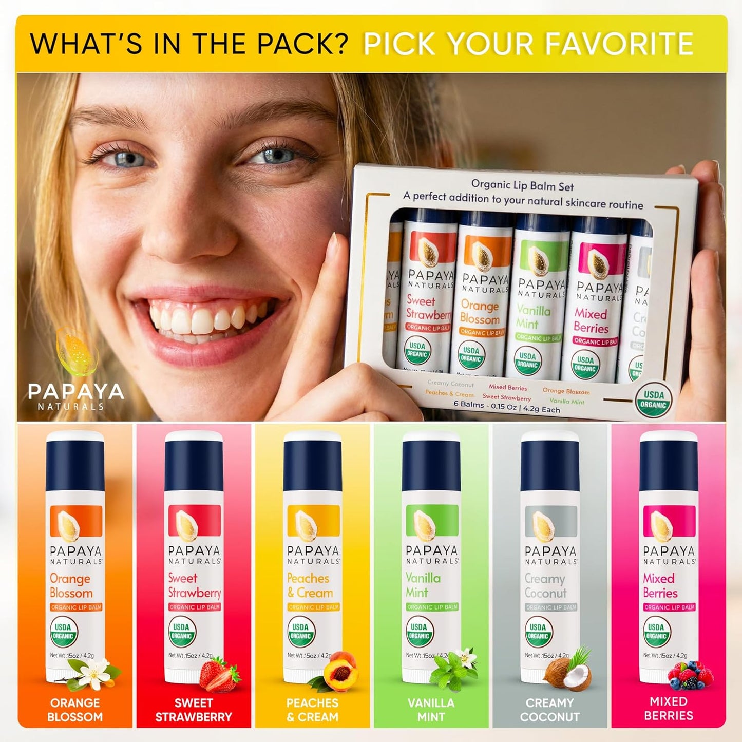 Papaya Naturals USDA - Juego de bálsamo labial orgánico, paquete de 6 – cera de abeja orgánica, manteca de cacao y vitamina E bálsamo labial para labios secos – Cuidado de labios natural hidratante