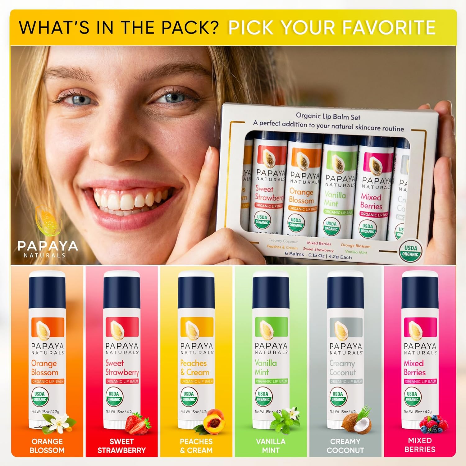Papaya Naturals USDA - Juego de bálsamo labial orgánico, paquete de 6 – cera de abeja orgánica, manteca de cacao y vitamina E bálsamo labial para labios secos – Cuidado de labios natural hidratante