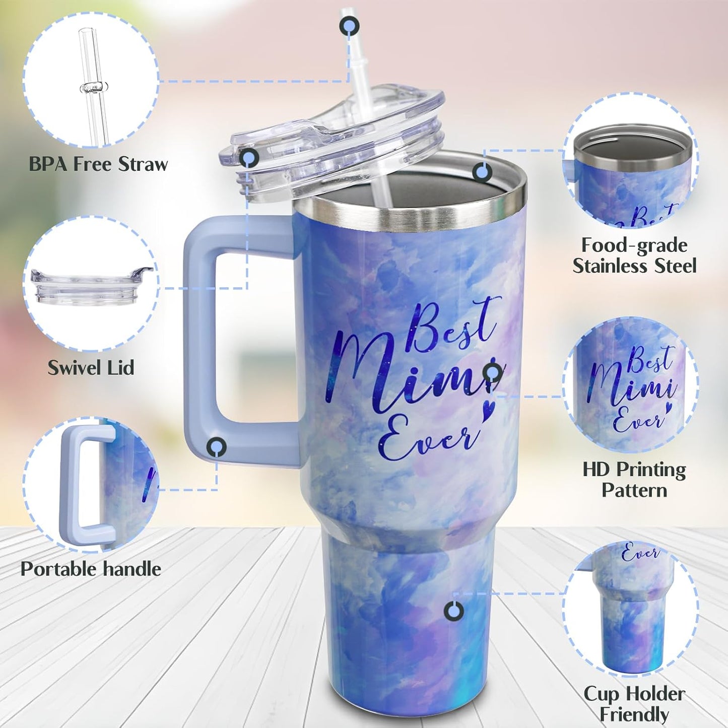 Mimi - Vaso de café con asa y pajita, de acero inoxidable, con diseño de Best Mimi Ever Sky Blue, 40 onzas, regalo para la abuela