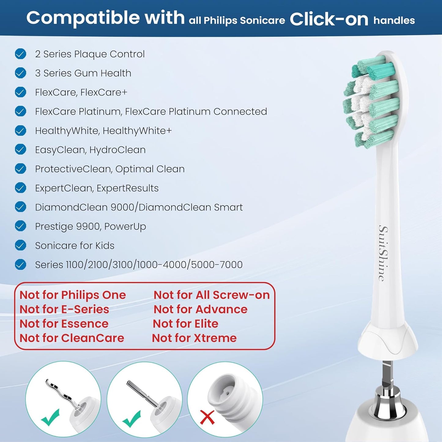 SuitShine Cabezales de repuesto para cepillos de dientes compatibles con Philips Sonicare y más mangos de clic, paquete de 8 unidades, color blanco
