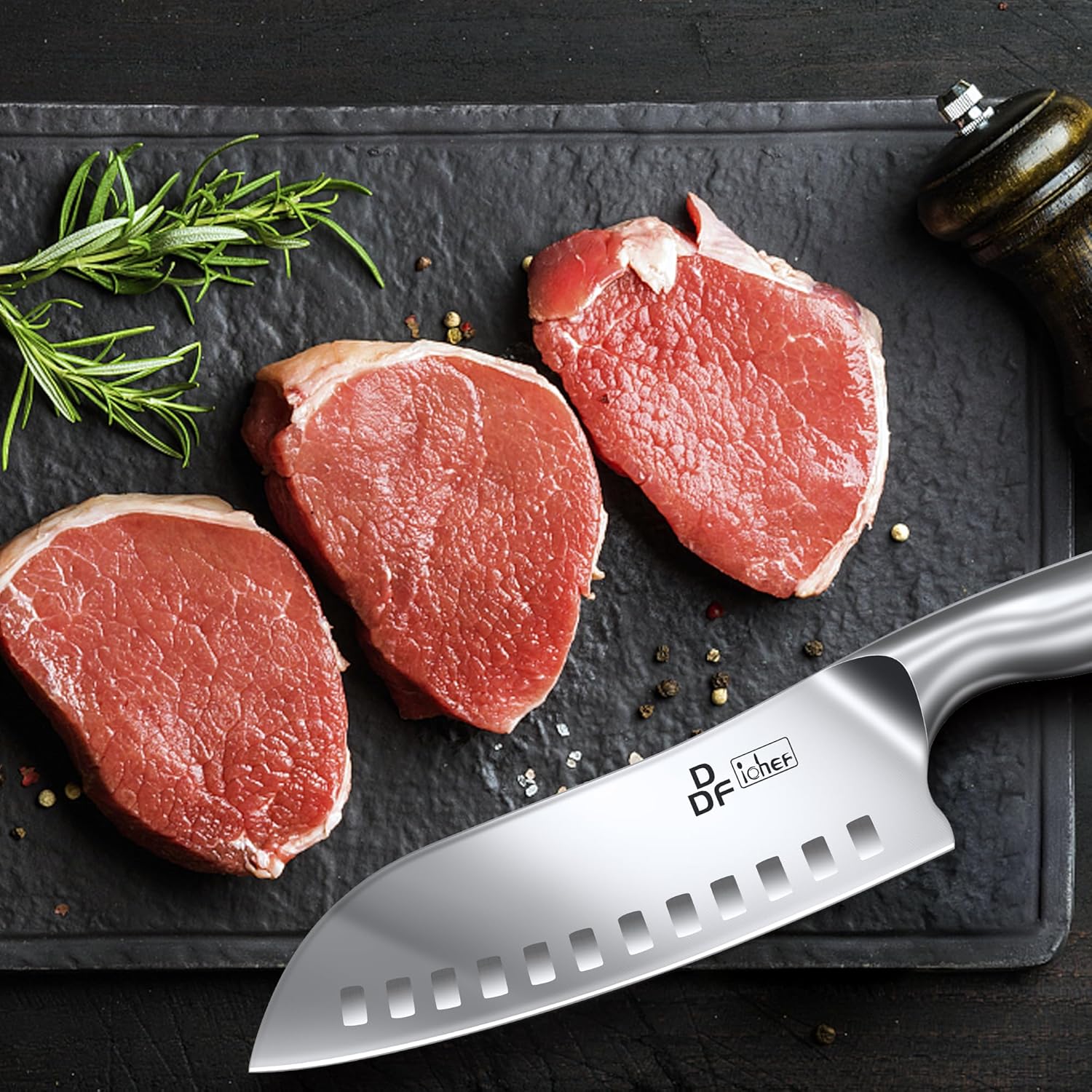 DDF iohEF Knife, Santoku Knife, 6.5 inches (165 mm), All-Purpose Chef's Knife, Non-Slip Handle, Extremely Sharp and Rustproof, Upgrade Version of German High Carbon Steel, Suitable for Cutting Kitchen