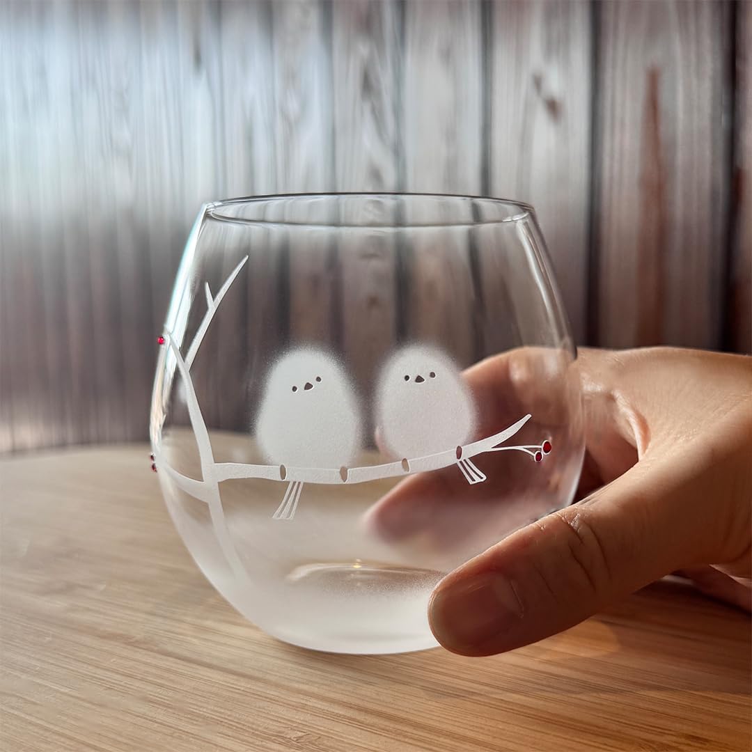 Shimaenaga's Fluffy Tumbler 390ml Glass Tumbler, Made in Japan, Handmade, Sandblasted, Cute, Bird, Accessories, Gift, Stylish, Present, Shimaenaga Lover, Gift, Birthday'