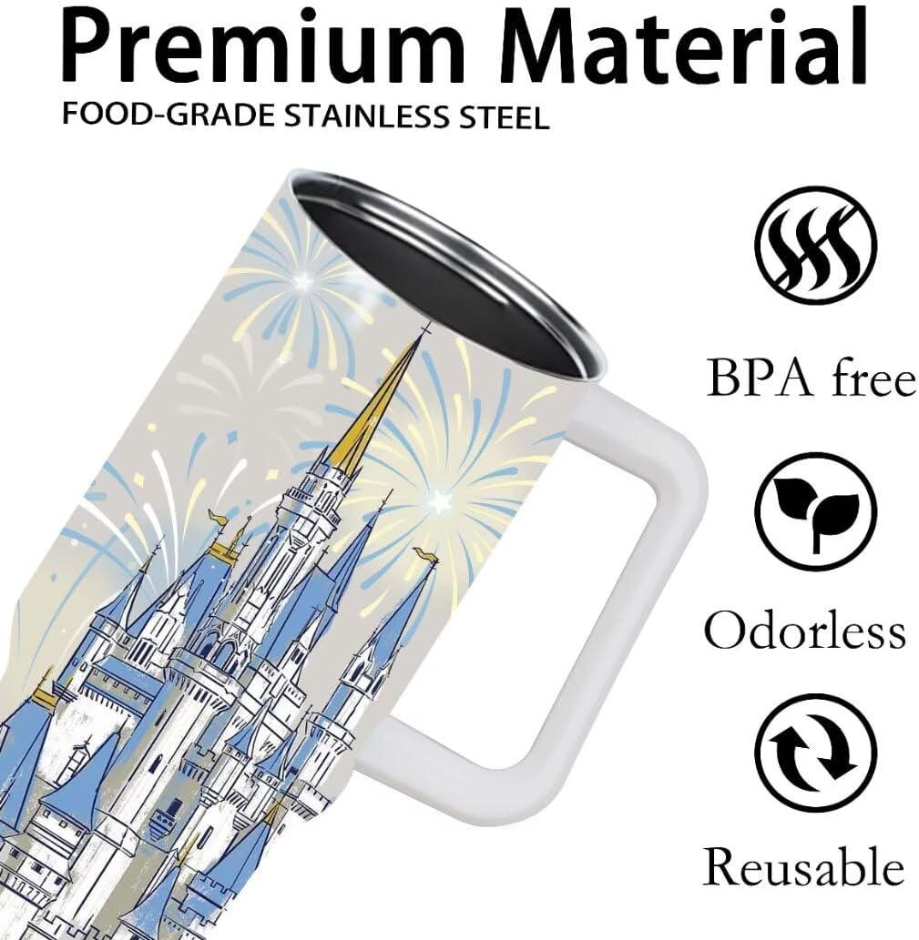Castle - Vaso de 40 onzas con tapas y pajitas, vaso aislado de acero inoxidable, taza de viaje con fuegos artificiales, regalos para mujeres