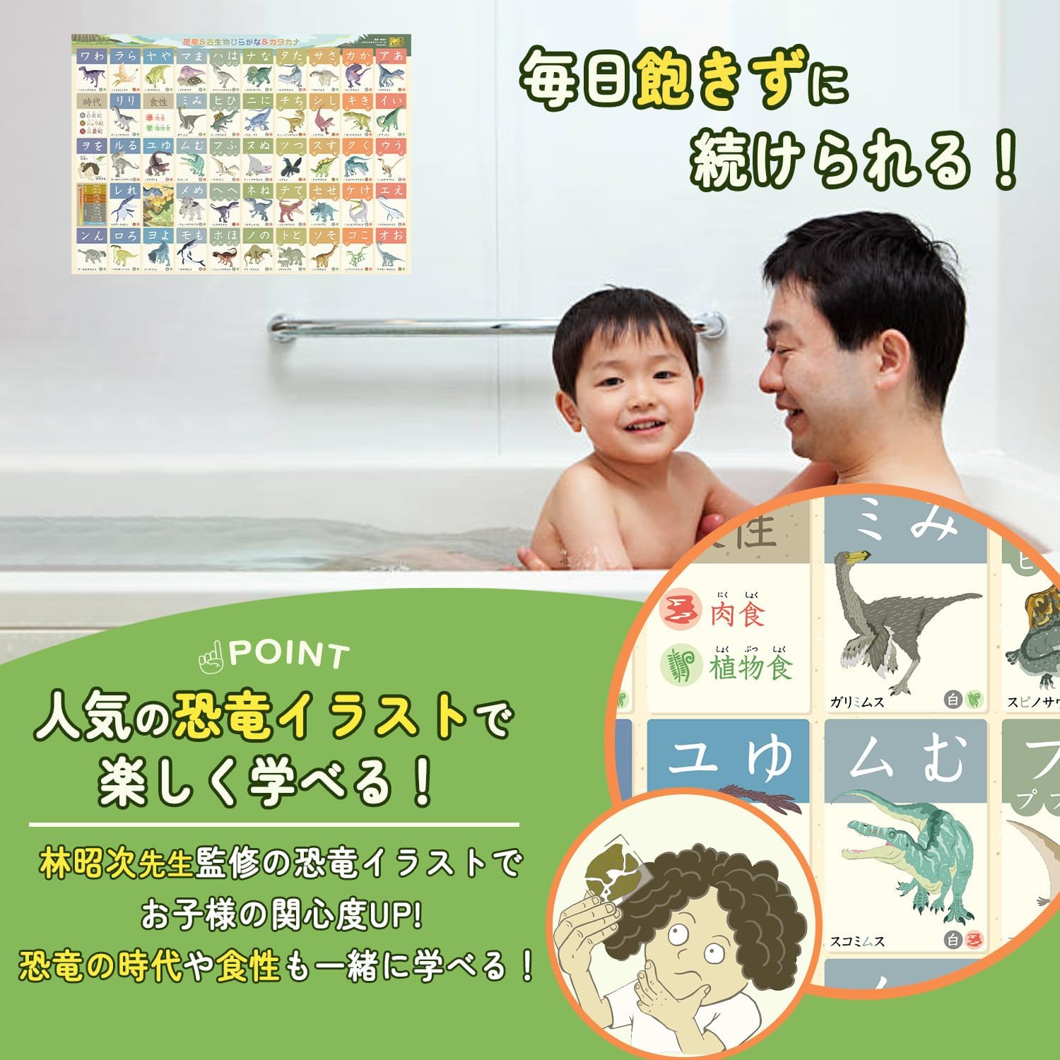 Bathroom Learning Poster: Hiragana, Katakana, ABC (⑥ Dinosaur Hiragana, Katakana (Medium 16.5×11.8 inches))