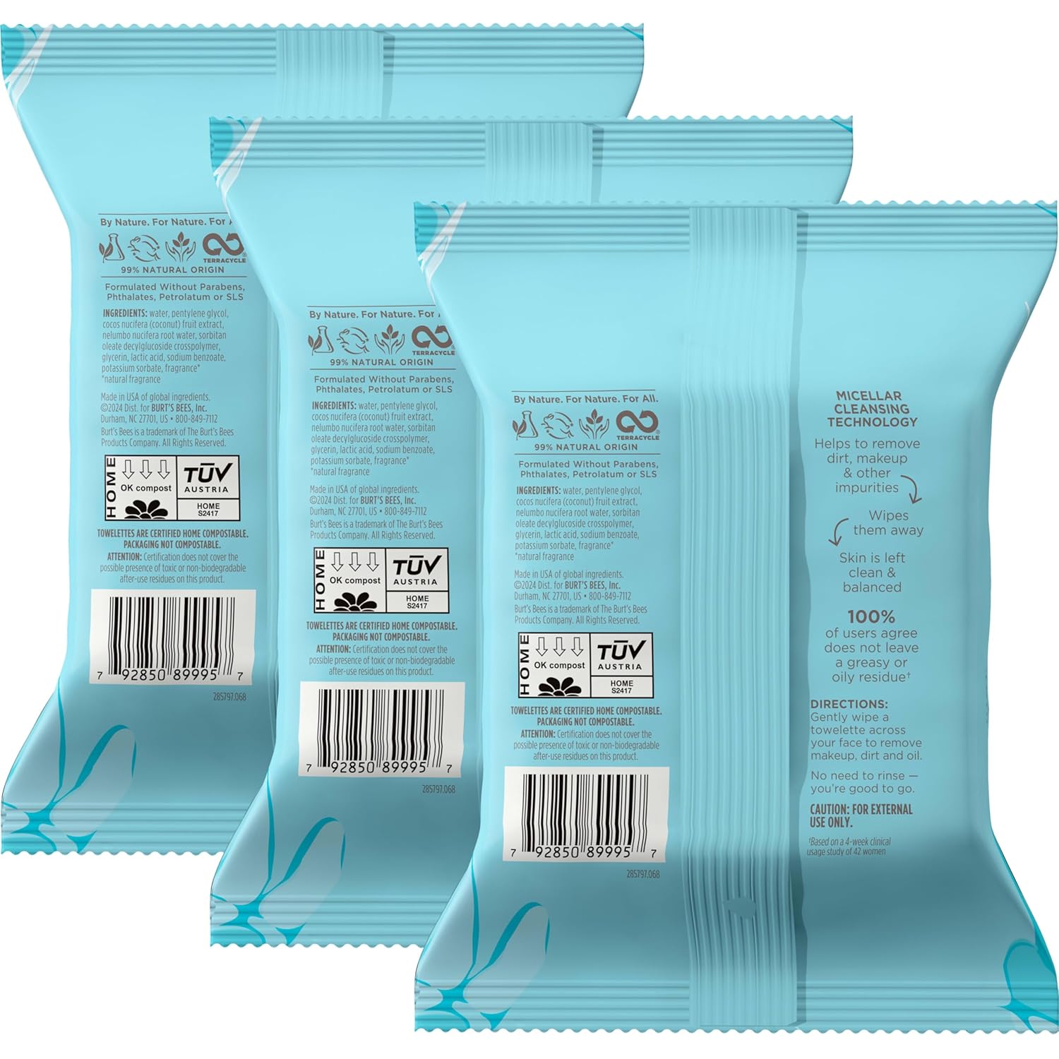 Toallitas faciales Burt's Bees de limpieza facial, toallitas desmaquillantes, limpiador micelar hidratante 3 en 1 con agua de coco y loto, 90 unidades (el embalaje puede variar)