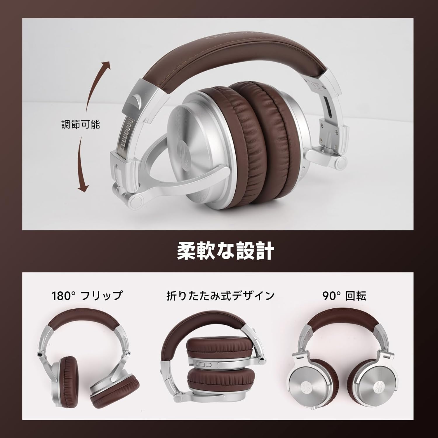 OneOdio Wireless Headphones, Up to 110 Hours of Continuous Playback, Bluetooth Headphones, Heavy Bass, Wired Hi-Res, Multi-Point Support, Built-in Microphone, Hands-Free Calling, Pro C, Silver Brown