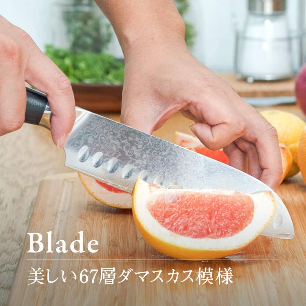 Damascus Santoku Knife, VG10, 67 Layers, 6.7 inches (170 mm), Stainless Steel, Dishwasher Safe, Gift, Double-edged, Wood Handle, Kitchen Tool, Blade Length