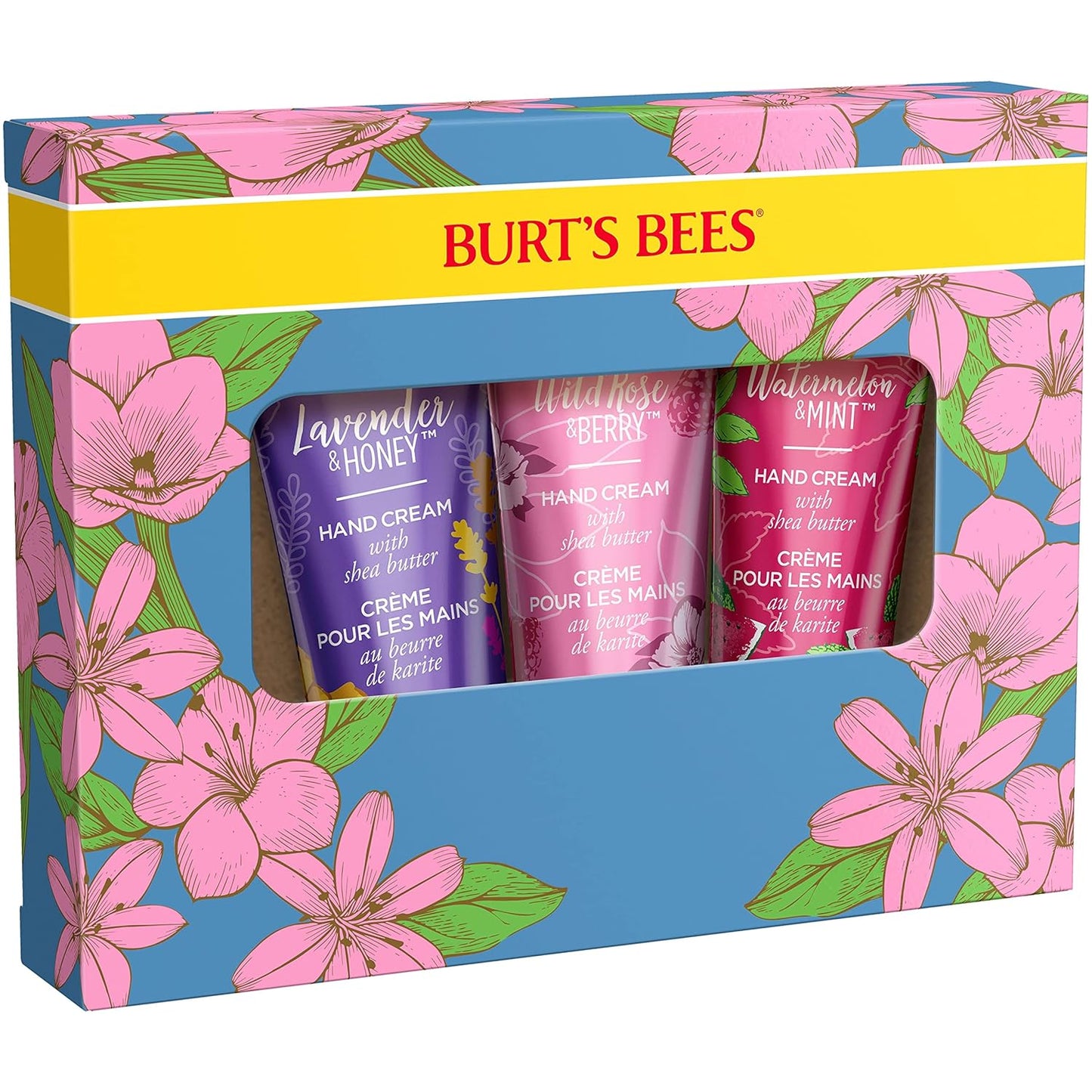 Burt's Bees Regalo de Primavera, 3 Regalos Hidratantes de Cuidado Personal, Trío de Crema de Manos con Manteca de Karité Conjunto de Primavera - Lavanda y Miel, Rosa Silvestre y Bayas y Sandía y Menta