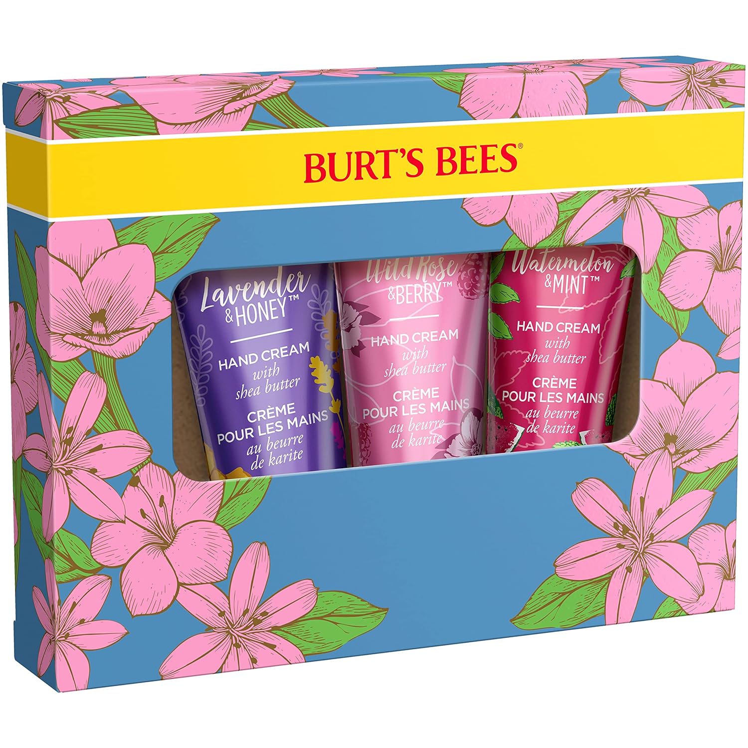 Burt's Bees Regalo de Primavera, 3 Regalos Hidratantes de Cuidado Personal, Trío de Crema de Manos con Manteca de Karité Conjunto de Primavera - Lavanda y Miel, Rosa Silvestre y Bayas y Sandía y Menta