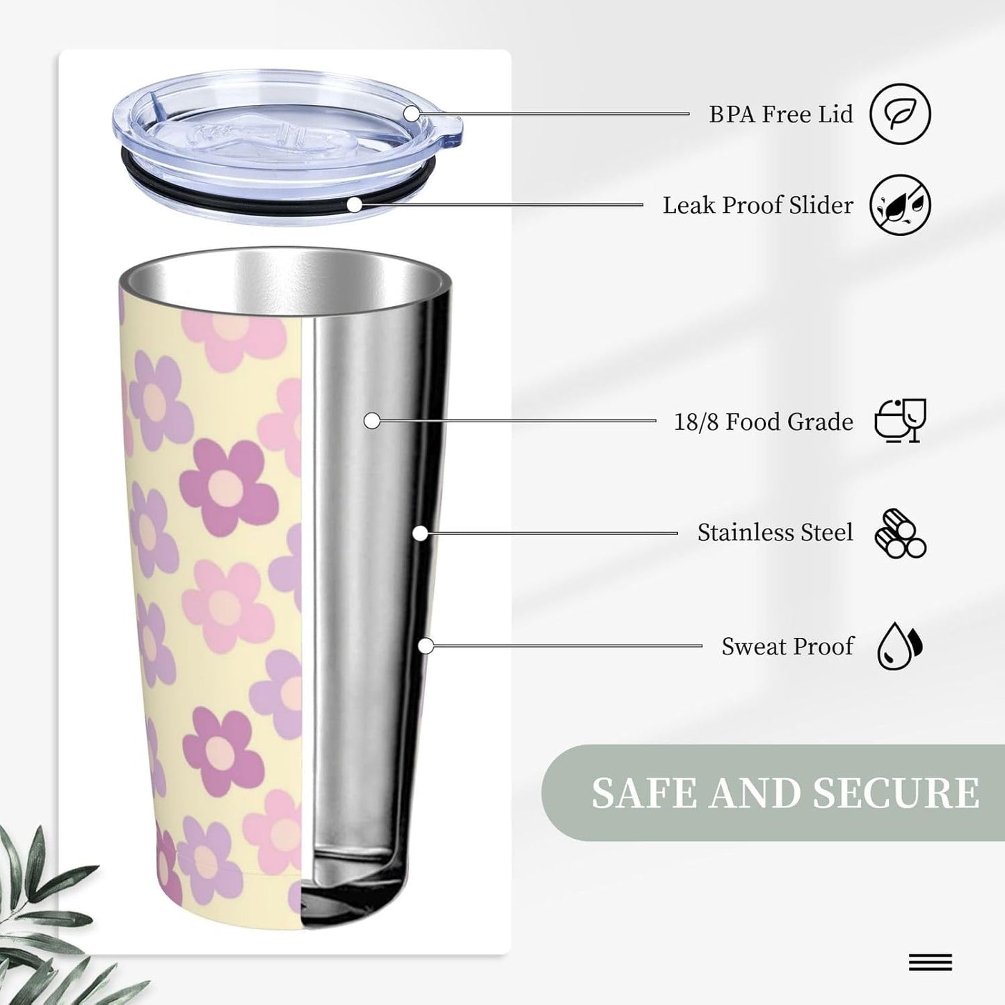 Vaso de 20 onzas con tapa y popote para mujer, diseño floral retro, con aislamiento, diseño floral retro, diseño de flores moradas, de acero inoxidable, taza de viaje al vacío de doble pared