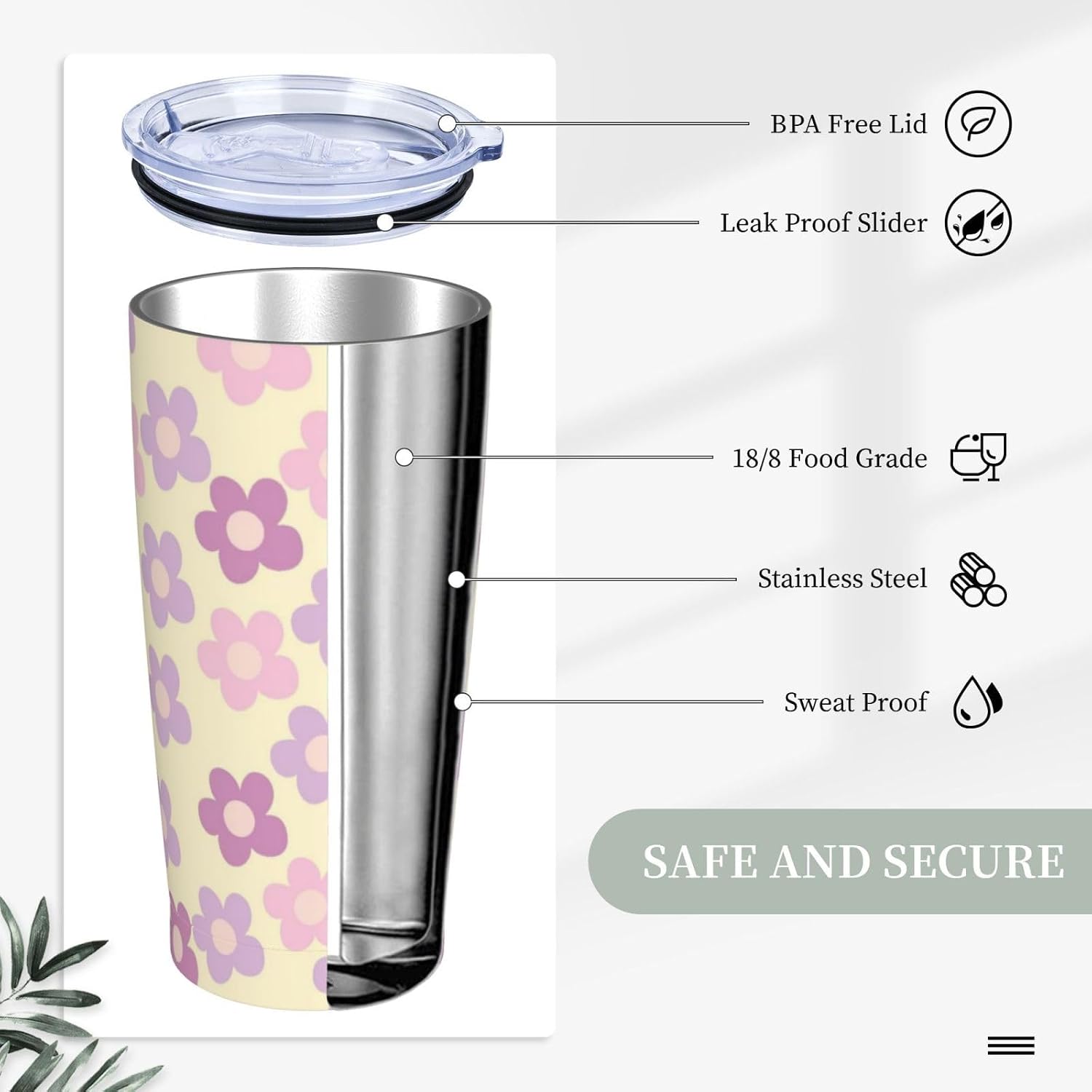 Vaso de 20 onzas con tapa y popote para mujer, diseño floral retro, con aislamiento, diseño floral retro, diseño de flores moradas, de acero inoxidable, taza de viaje al vacío de doble pared