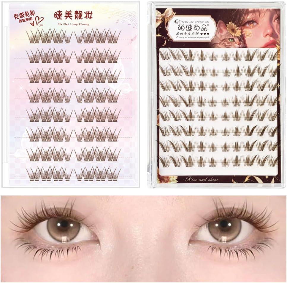 Brown No Glue Fox Eye Effect Fluffy Eyelashes Self Adhesive Reusable Thick Wings Extension Daily Use 9-13mm (Style 2)