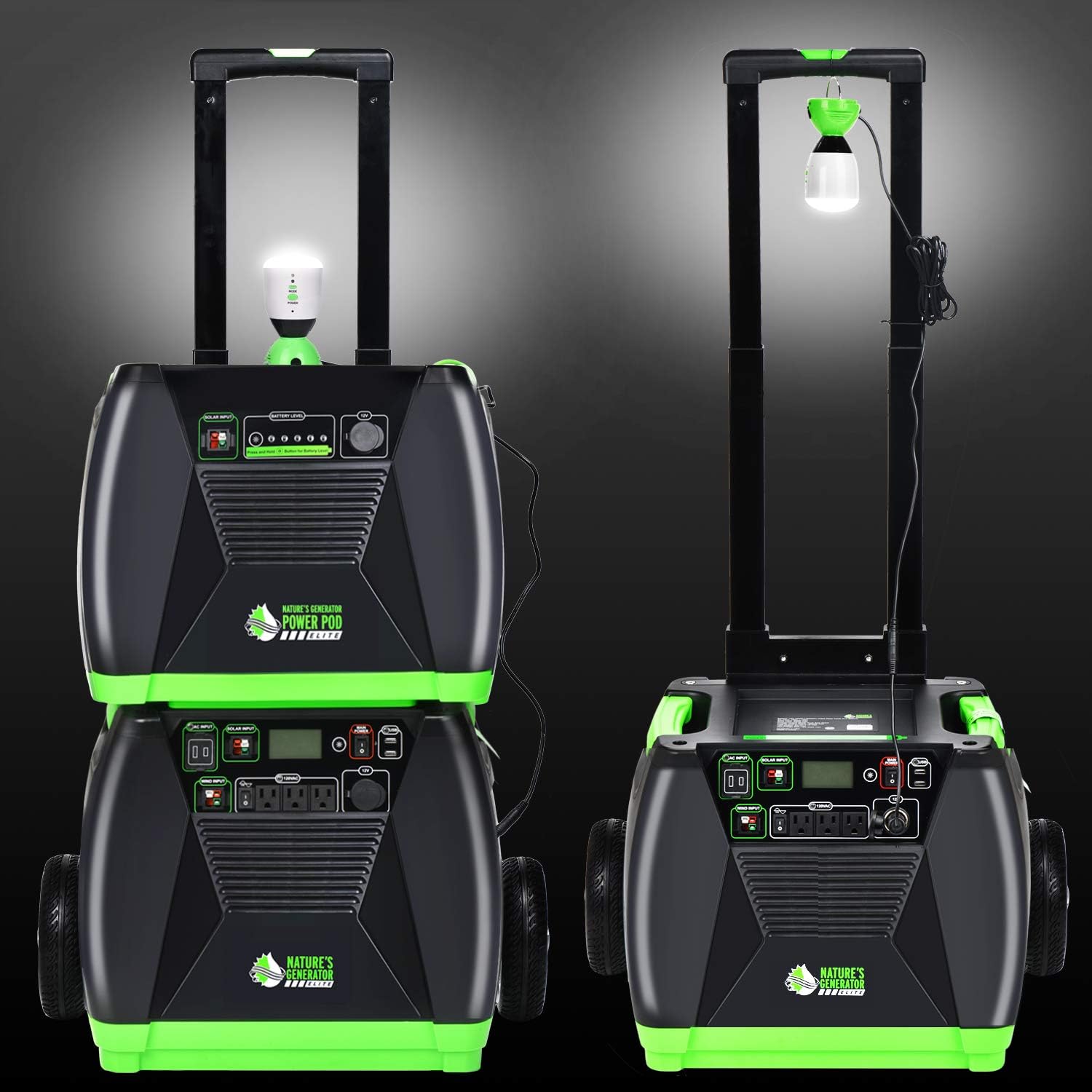 Nature's Generator Elite with Cart - 3600w Solar and Wind Generator Quiet Operation with 12V DC Ports, 2 USB Ports, 3 AC Outlets, 120V 30amp Sine Wave AC Outlets