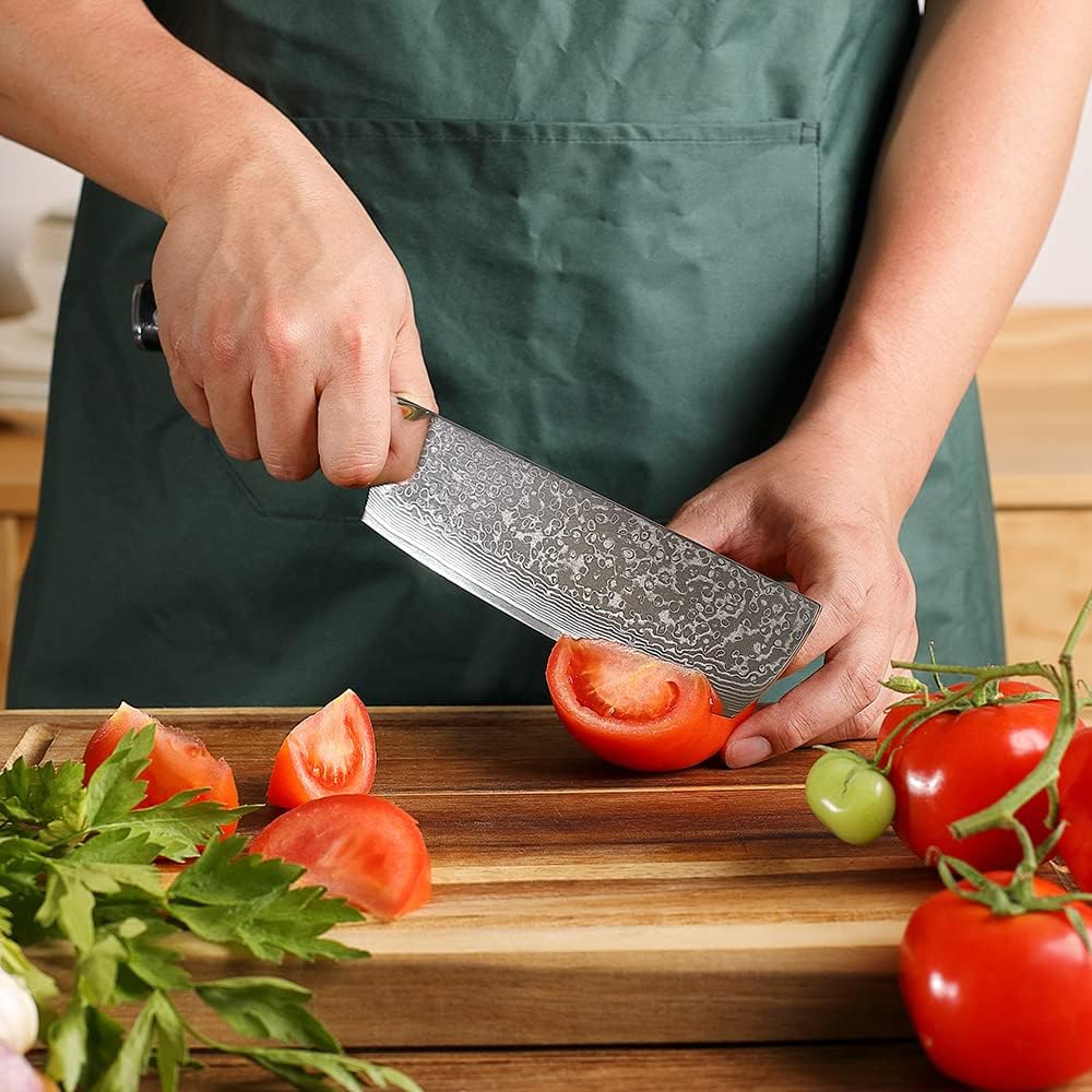 Sunnecko VG-10 Nakiri Knife, Damascus Knife, 7.1 inches (180 mm), 73-Layer, Vegetable Knife, Stainless Steel, Double-Handed, Meat Cut, Rust-Resistant, 7.1 inches (180 mm)