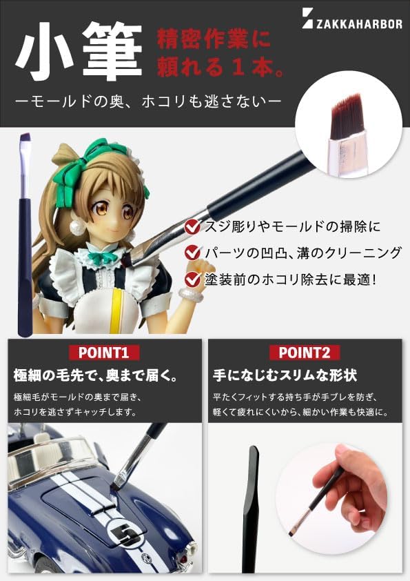 ZAKKA HARBOR Ultra-fine Cleaning Brush for Plastic Model Gunpla Figures/ Medium Brush + Small Brush / 0.00004 inches (0.01 mm), Antistatic/Delicate Work (Small, Medium, 2, Pieces)