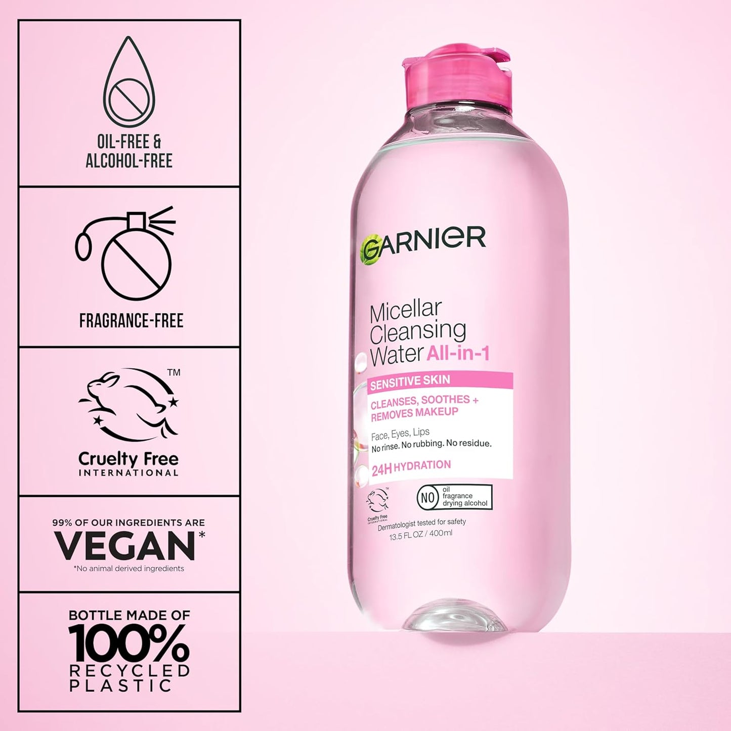 Agua micelar Garnier, limpiador facial hidratante y desmaquillante, adecuada para pieles sensibles, vegana, sin crueldad animal, 13.5 fl oz (400mL), 1 unidad
