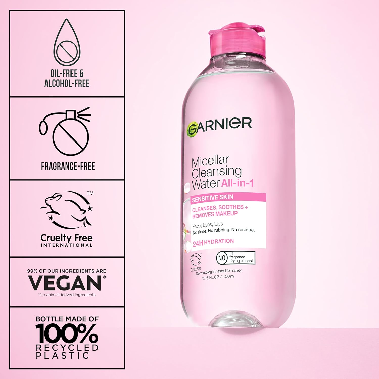 Agua micelar Garnier, limpiador facial hidratante y desmaquillante, adecuada para pieles sensibles, vegana, sin crueldad animal, 13.5 fl oz (400mL), 1 unidad