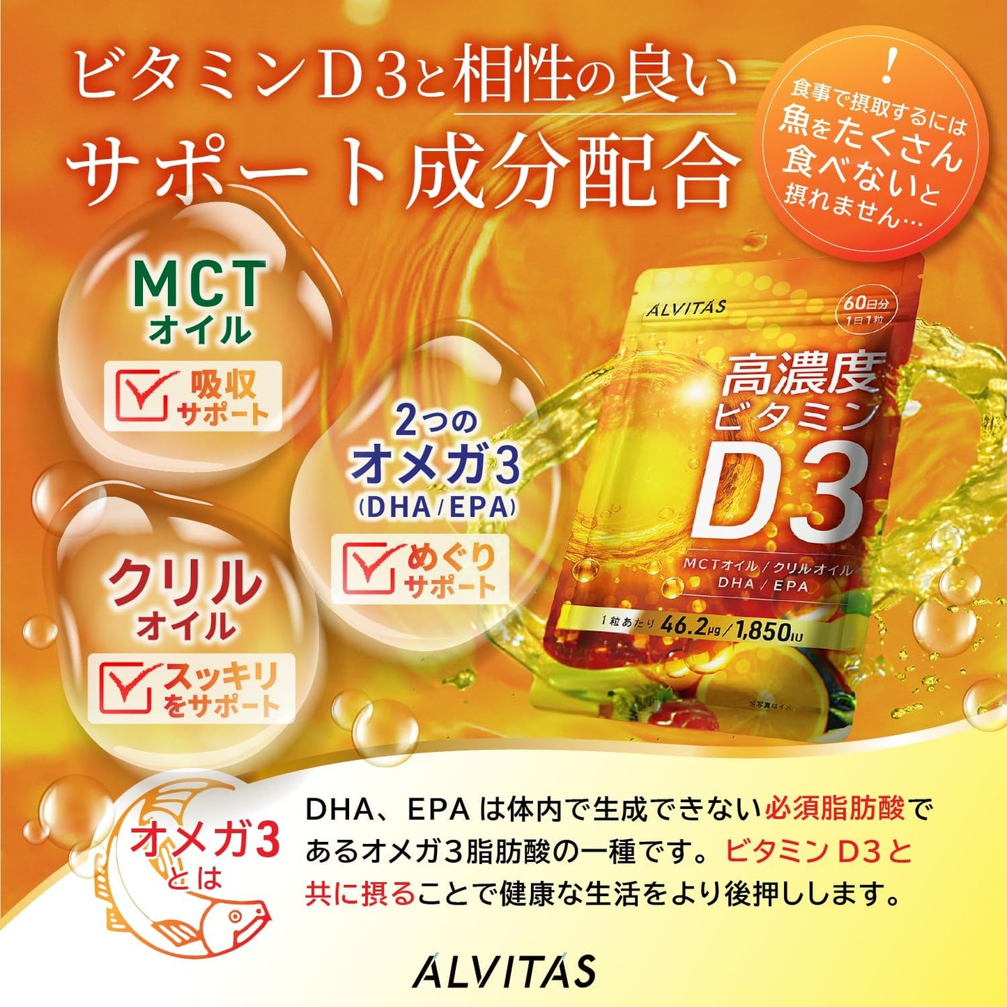 omega3 REGOLITH Luxurious Formula Vitamin D 11,000 IU x Omega 3 High Concentration, Vitamin D3, Vitamin D Supplement, ALVITAS 60 Day Supplement, Large Capacity, MCT Oil, Omega 3 (DHA x EPA), Krill Oil, No Additives, No Artificial Sweeteners, Made in Japan