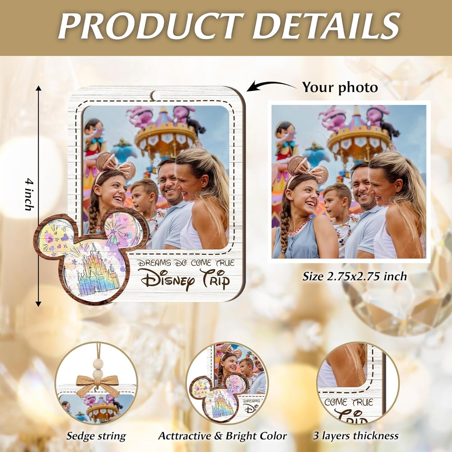 Viaje Familiar 2025 Adorno de Foto de Madera – “Los Sueños se Hacen Realidad” Adorno Personalizado de Vacaciones Familiares – Decoración Rústica de Granja para Navidad con Diseño de Castillo del Reino