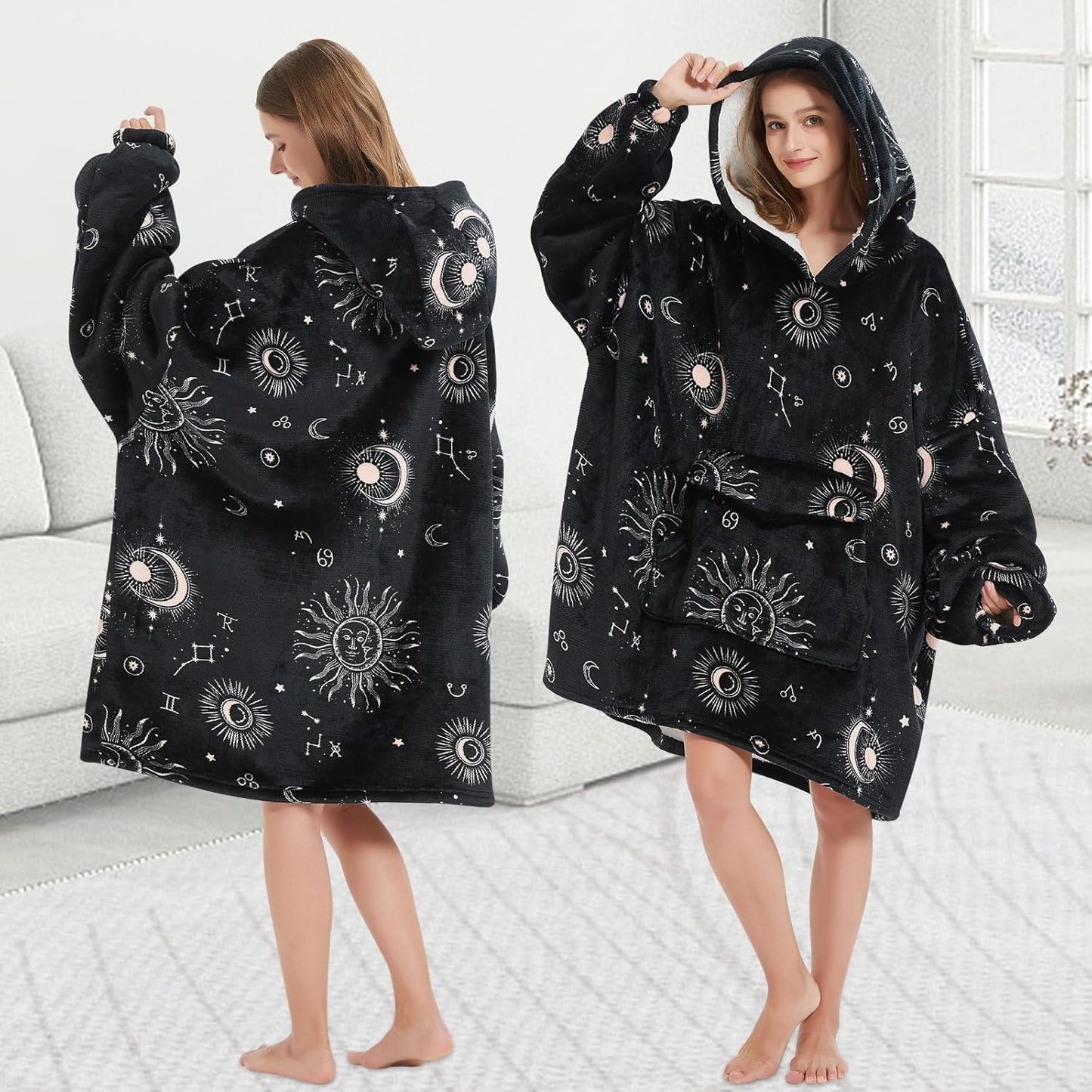 Mewkou - Manta con capucha portátil para adultos, manta con capucha de forro polar sherpa de gran tamaño para mujeres y hombres, Sol y Luna