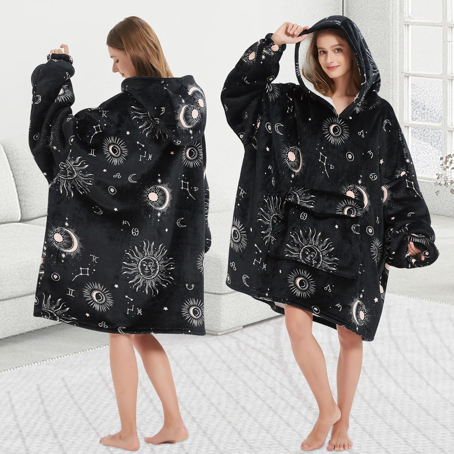 Mewkou - Manta con capucha portátil para adultos, manta con capucha de forro polar sherpa de gran tamaño para mujeres y hombres, Sol y Luna