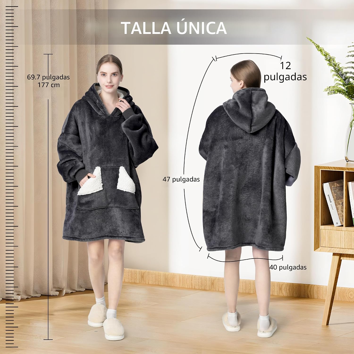 Touchat - Manta con capucha portátil, sudadera con capucha de forro polar sherpa de gran tamaño con bolsillo gigante y mangas para adulto, regalo de manta gris cálida y acogedora para mujeres