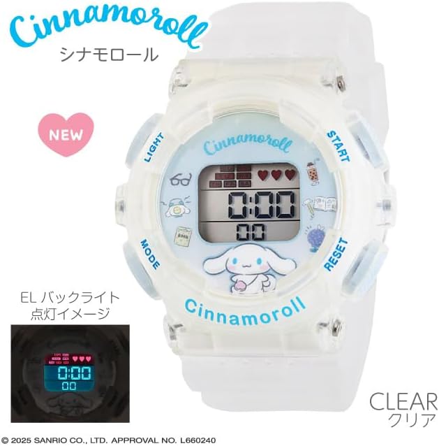 Sunflame CR3C0003-CNC Wristwatch, J-Axis Sanrio Cinnamorol, Digital Watch, Backlight, Alarm Function, For Girls, Clear