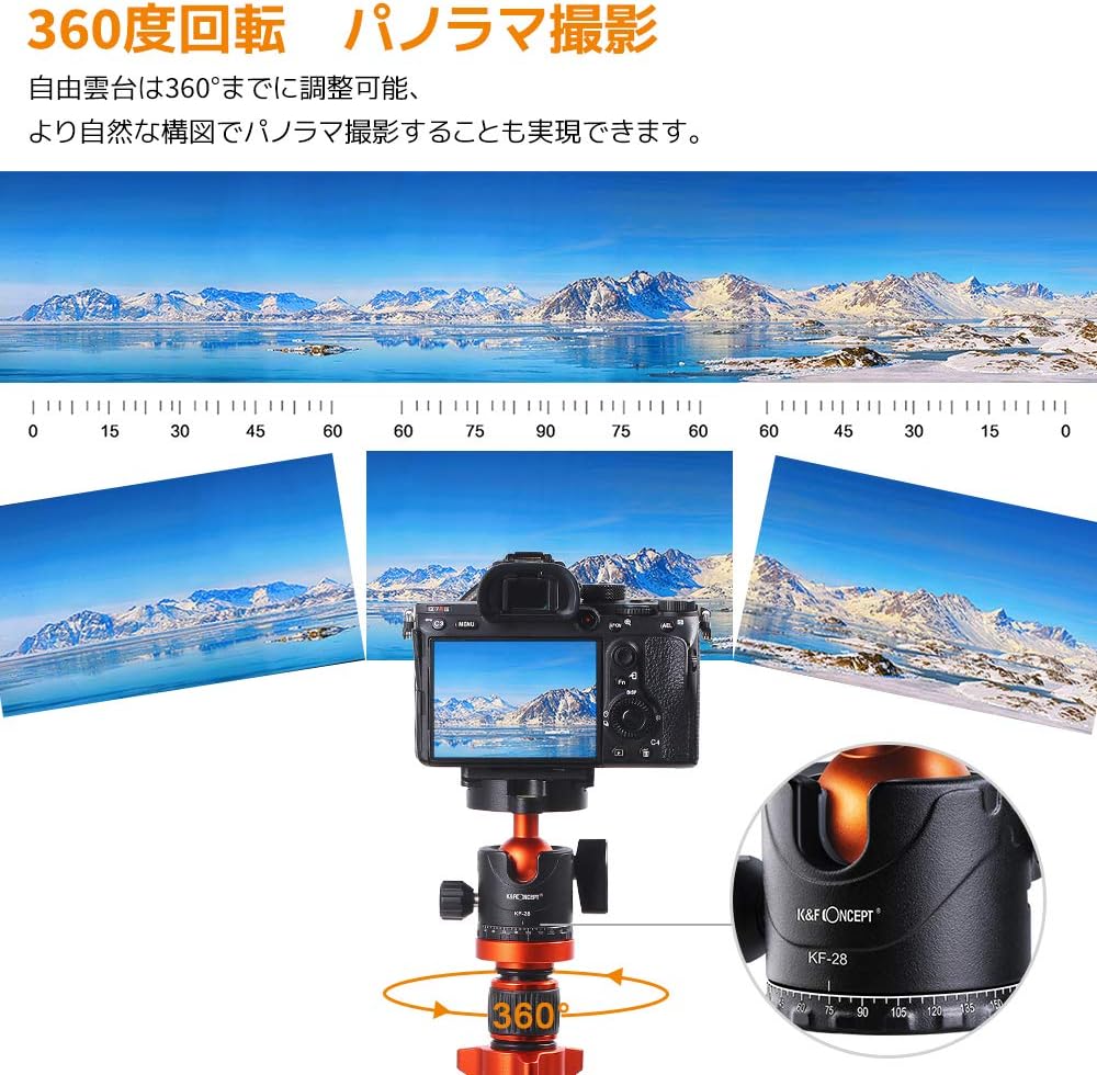 K&F Concept TM2515M1 Camera Tripod, 69.9 inches (175 cm), 5 Levels of Telescopic Tripod, Monopod, Free-Cloud Head, 360° Rotation, Lightweight, Aluminum, Compact Storage, Quick Shoe Type, Compatible