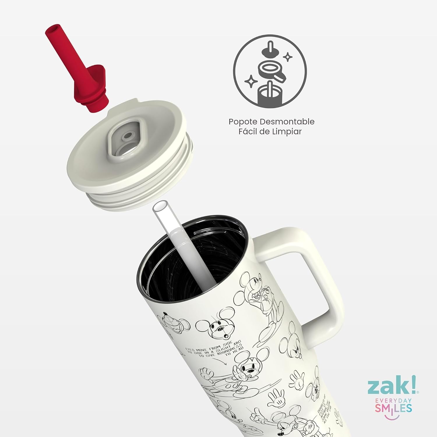 Zak Designs Disney Sutton Taza de viaje para llevar contigo, de 30 onzas, de acero inoxidable con aislamiento al vacío, con popote de silicona y asa para bebidas frías (dibujo de Mickey Mouse)