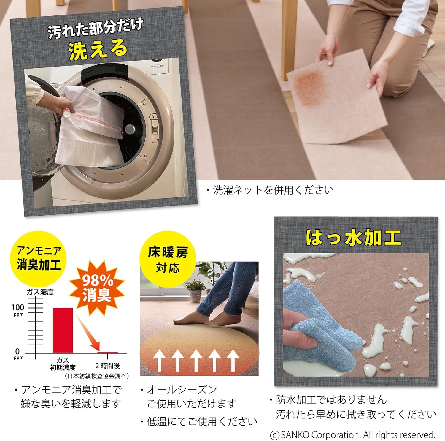 Sanko KF-12 Place and Stick Tile Carpet, Joint Mat, Anti-Slip, Made in Japan, Water Repellent, Deodorizing, Washable, 11.8 x 11.8 inches (30 x 30 cm), Brown, 20 Pieces, Flat Type