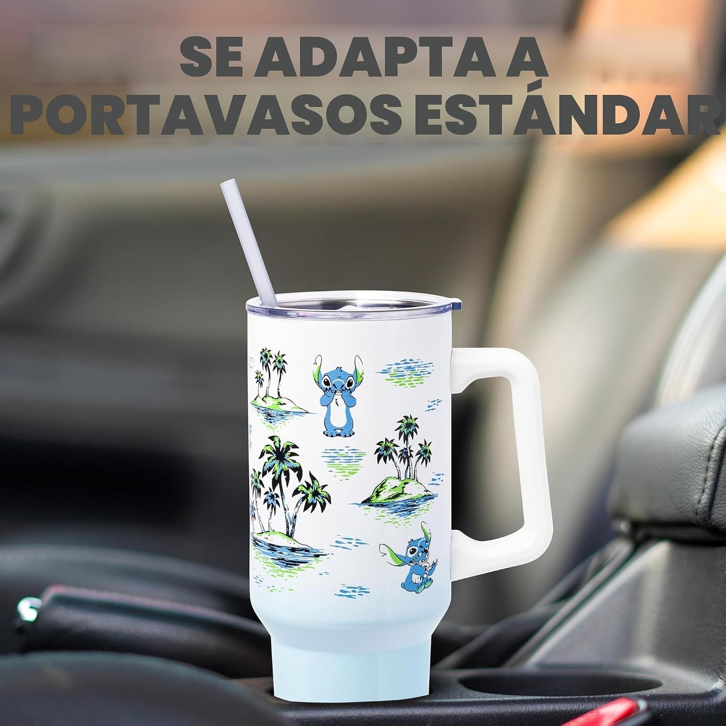 Silver Buffalo Disney Lilo and Stitch - Vaso de acero inoxidable de doble pared con asa y pajilla, diseño vintage, palmeras y flores, se adapta al portavasos estándar, 40 onzas
