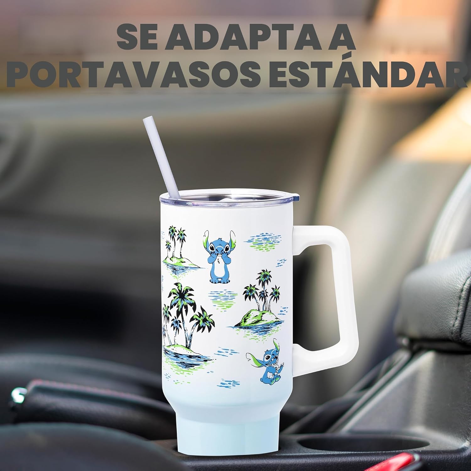 Silver Buffalo Disney Lilo and Stitch - Vaso de acero inoxidable de doble pared con asa y pajilla, diseño vintage, palmeras y flores, se adapta al portavasos estándar, 40 onzas