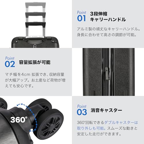 BlueSea BSSC08 Suitcase, Carrying Case, Carry Bag, Carry-on Bag, Grip Function, Expanded Size, 100% PC, TSA Lock, Double Casters with Hook Function, Cup Holder, Silent, Shock Resistant, Ultra