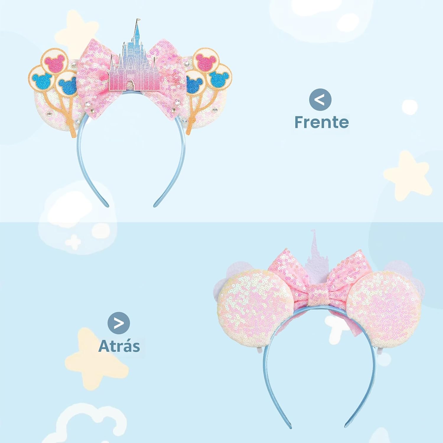 LYLIN Diadema de orejas de ratón, orejas de ratón rosas con lazos de castillo para mujeres y niñas, accesorios para el cabello, orejas de princesa, orejas de parque, viajes, fiesta, cosplay, accesorios de disfraces (castillo rosa)