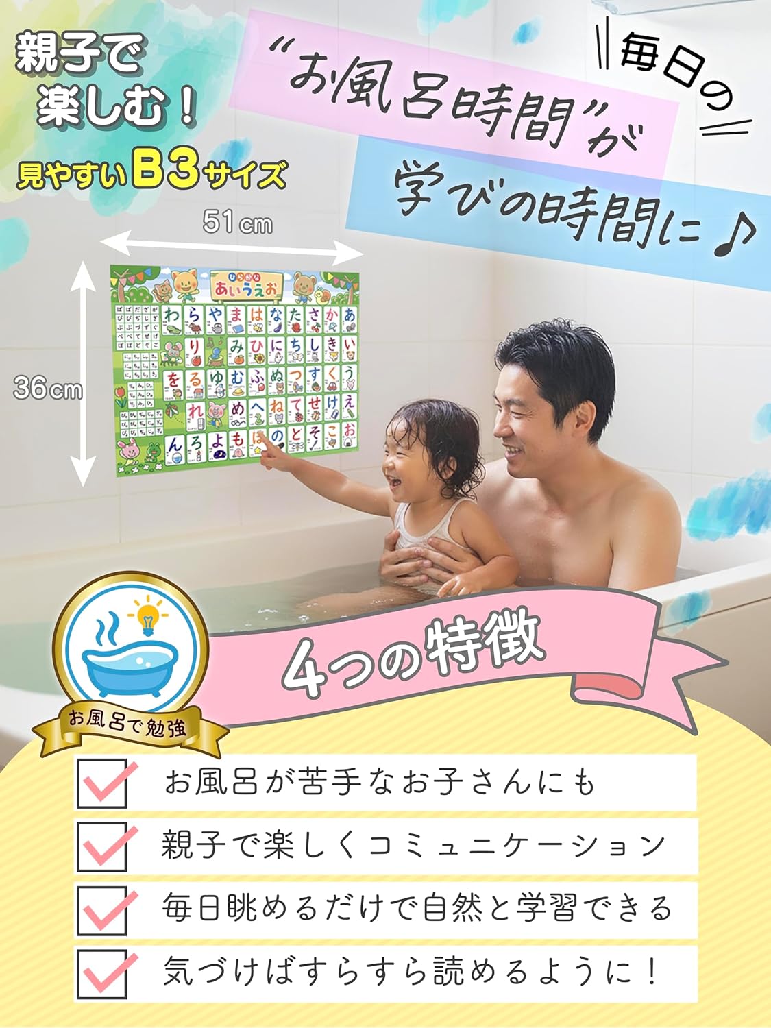 Study in the Bath: Set of 4 bath posters (1. Hiragana, 2. Katakana, 3. Alphabet, 4. Numbers). Comes with removable double-sided tape. ABC English Smooji Learning Poster, Educational Poster, Waterproof