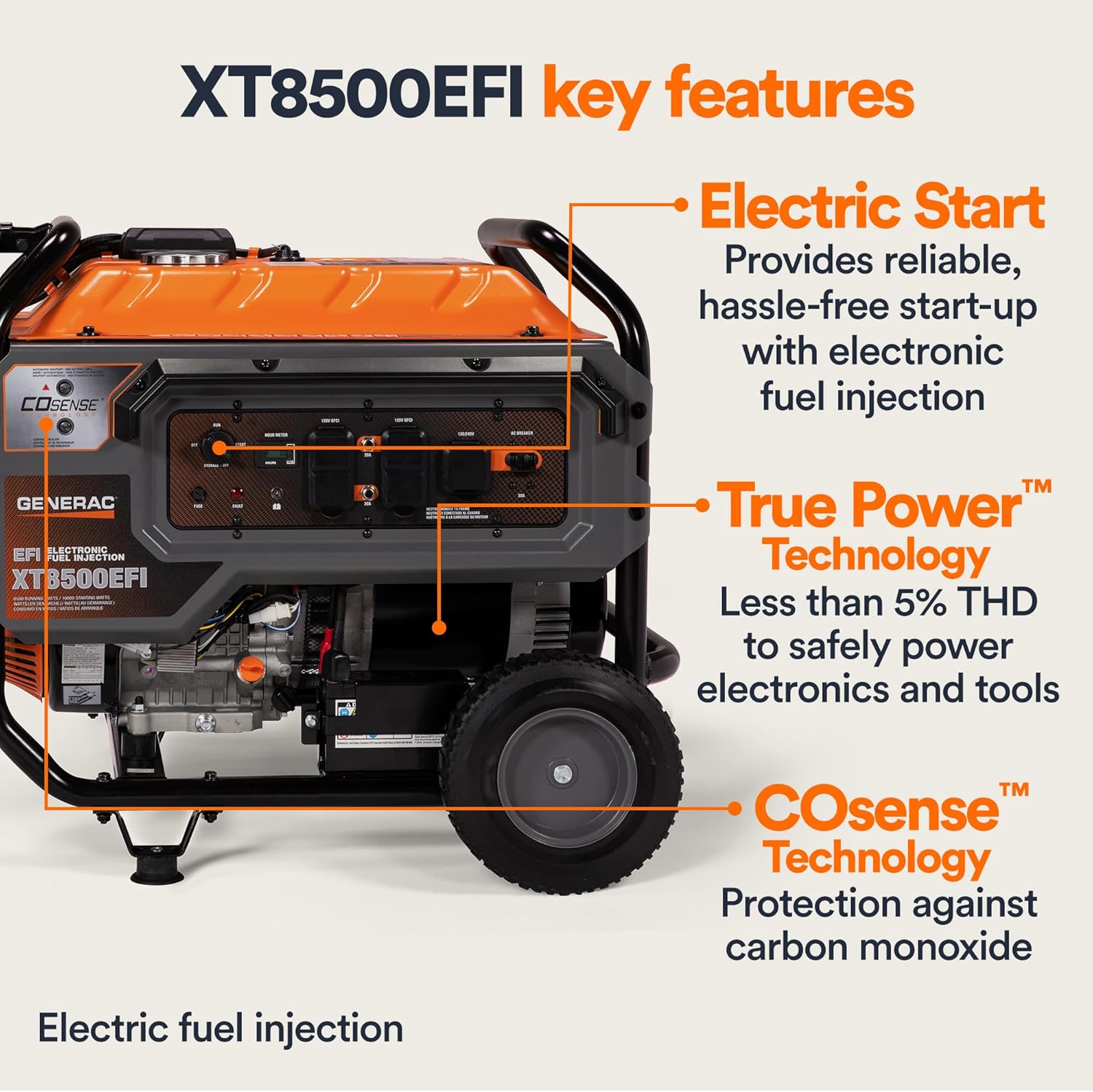 Generac 7247 XT8500EFI 8,500 Watt Gas-Powered Portable Generator - Powerful Electronic Fuel Injection Engine - COsense Technology - Perfect for Emergency Backup Power and Field Use - CARB Compliant