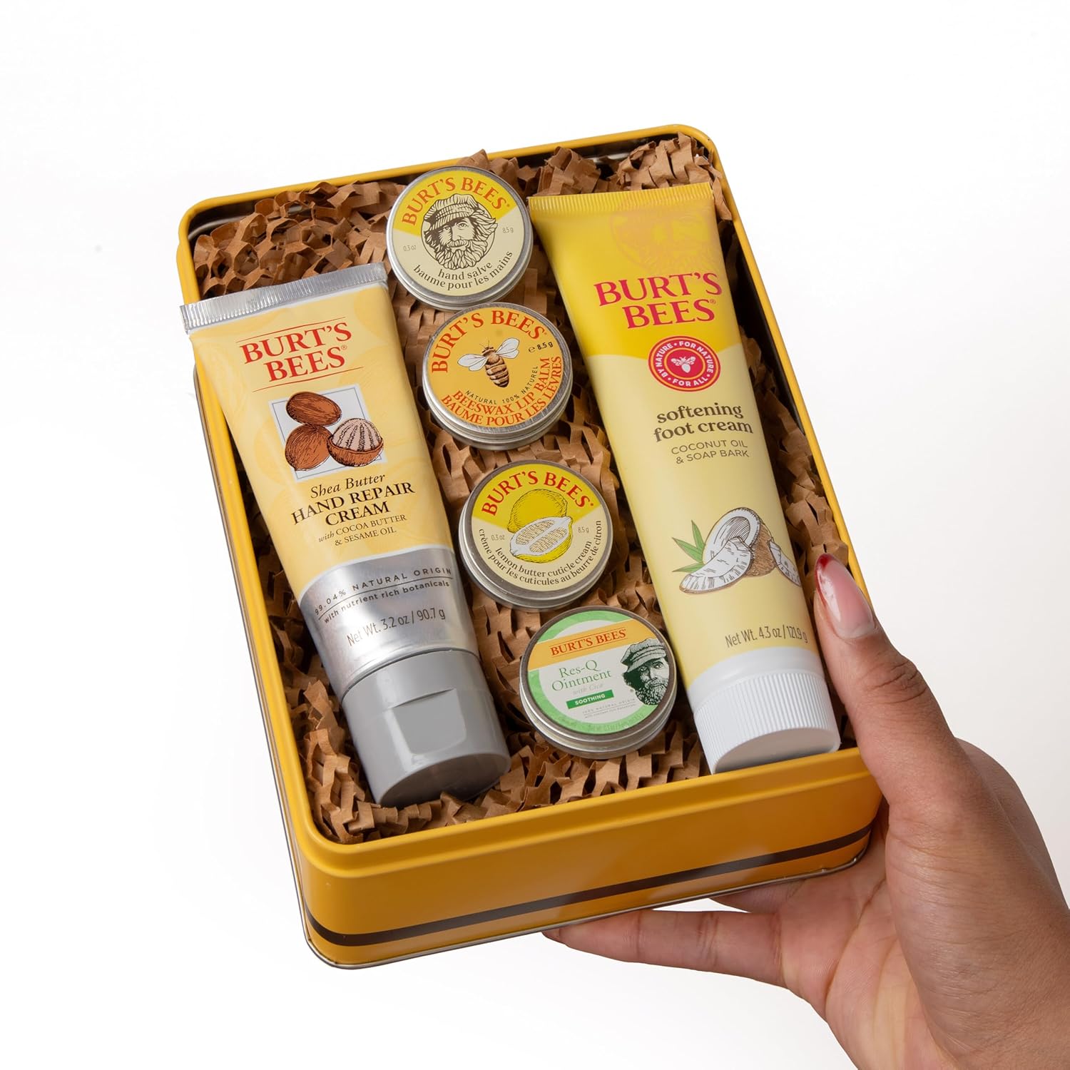 Ideas de regalos de Burt's Bees - Set clásicos, 6 productos en lata de regalo – Crema para cutículas, bálsamo para manos, bálsamo labial, ungüento Res-Q, reparación para manos y crema para pies