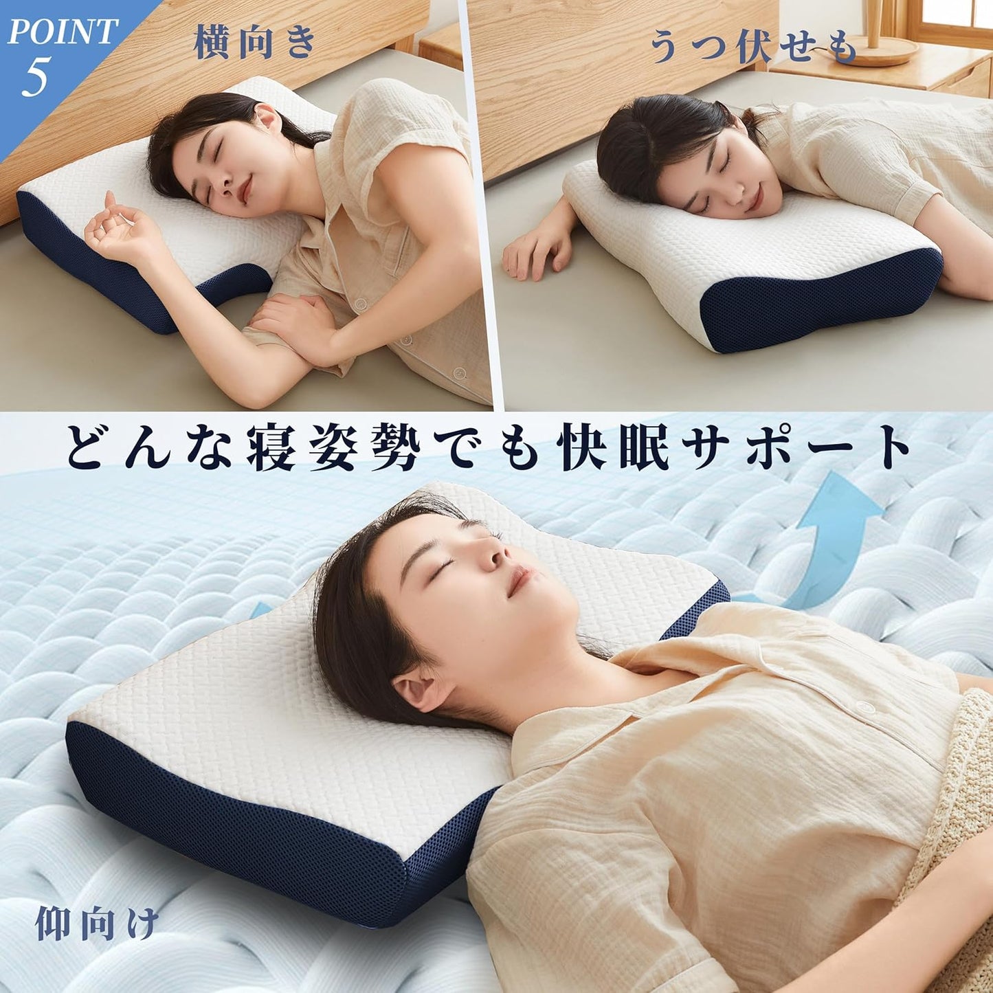 DreamCat's Memory Foam Pillow, Made in Japan, Neck Painless, Adjustable Height, Backward, Side Facing, Gift (Dark Blue)