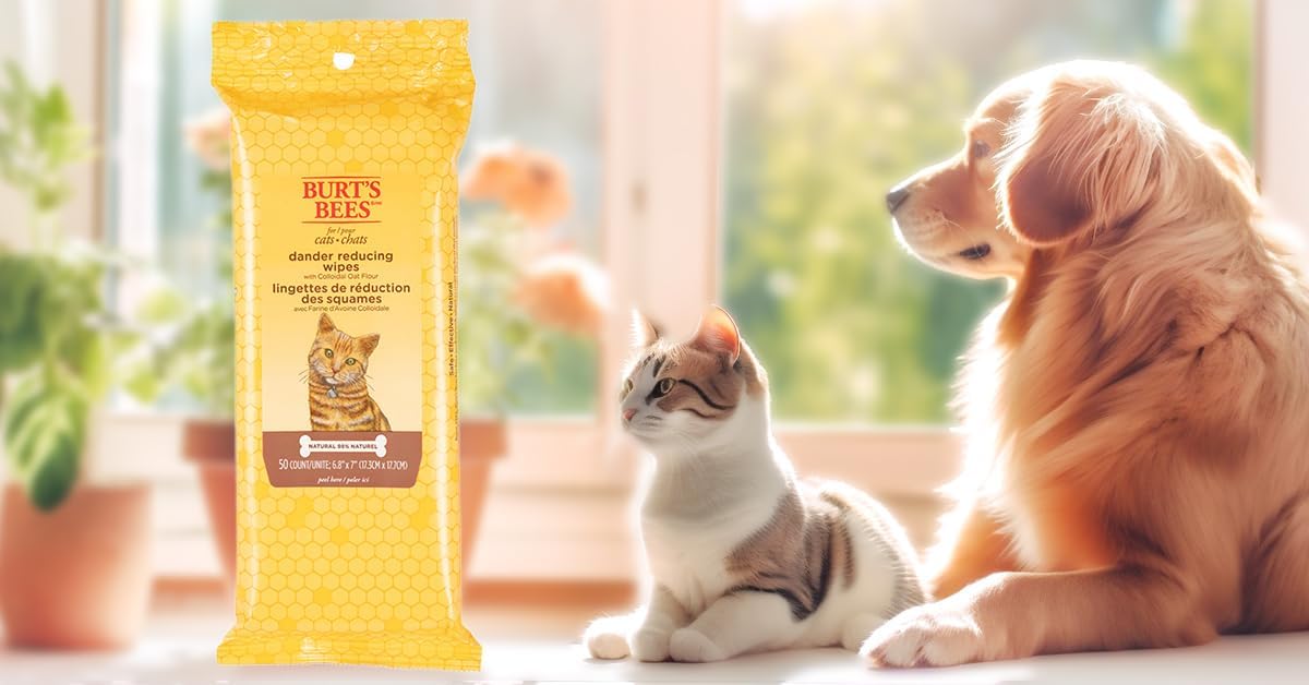 Burt's Bees for Pets Toallitas removedoras de caspa de gato, harina de avena coloidal y aloe para calmar la piel seca y reducir la descamación, paños de aseo sin perfume para gatos y gatitos, 50