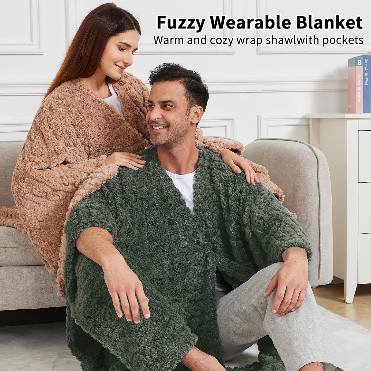 Manta de Poncho para adulto, acogedora manta de forro polar Sherpa con bolsillos para la oficina y el salón (verde, 58 x 64 pulgadas)