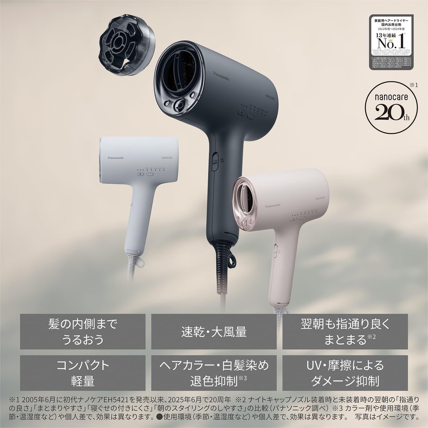 Panasonic NANOCARE EH-NA0K-K Hair Dryer, Equipped with High Penetration Nano & Minerals, Compact, Night Cap Nozzle, Charcoal Black