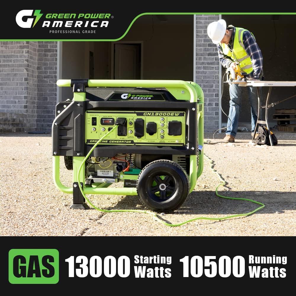 Green-Power America 13000 Watt Gasoline Powered Recoil/Electric Start Portable Generator, 12V-8.3A, Charging Outlet, Home Backup, RV Compatible