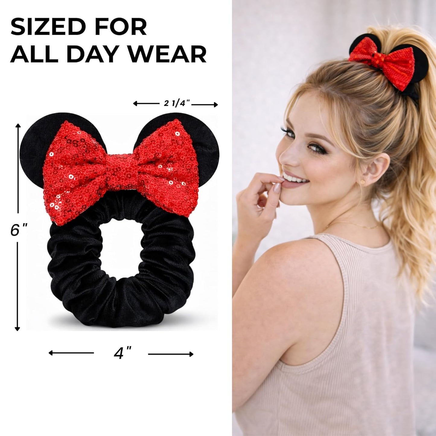 Styla Hair Paquete de 2 coleteros de ratón para niños, de terciopelo, con lentejuelas brillantes, para cola de caballo (rojo y negro)