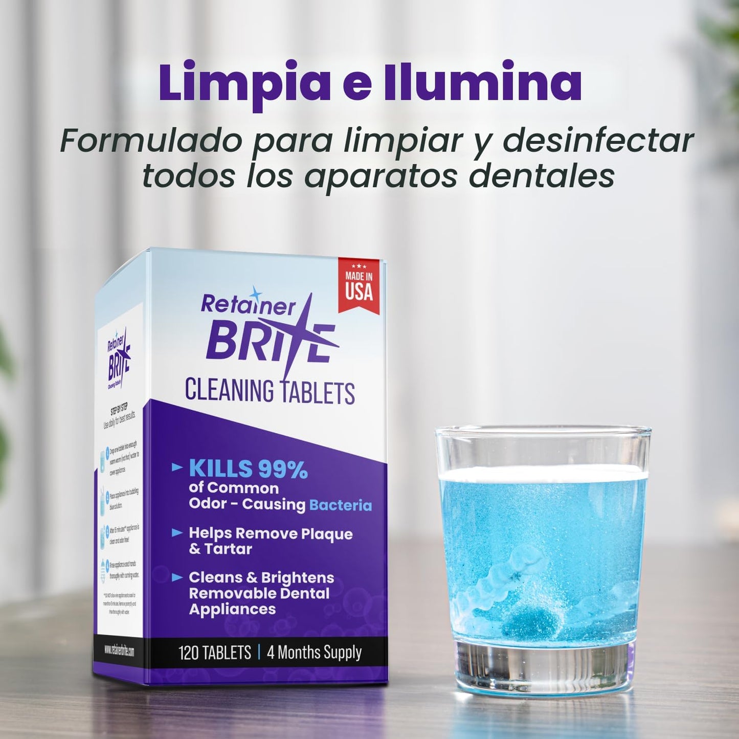 Retainer Brite - Tabletas limpiadoras de retenedores para Invisalign, limpiador bucal, limpieza nocturna y más. Tabletas de limpieza para limpiadores ultrasónicos. 120 tabletas - Suministro de 4 meses