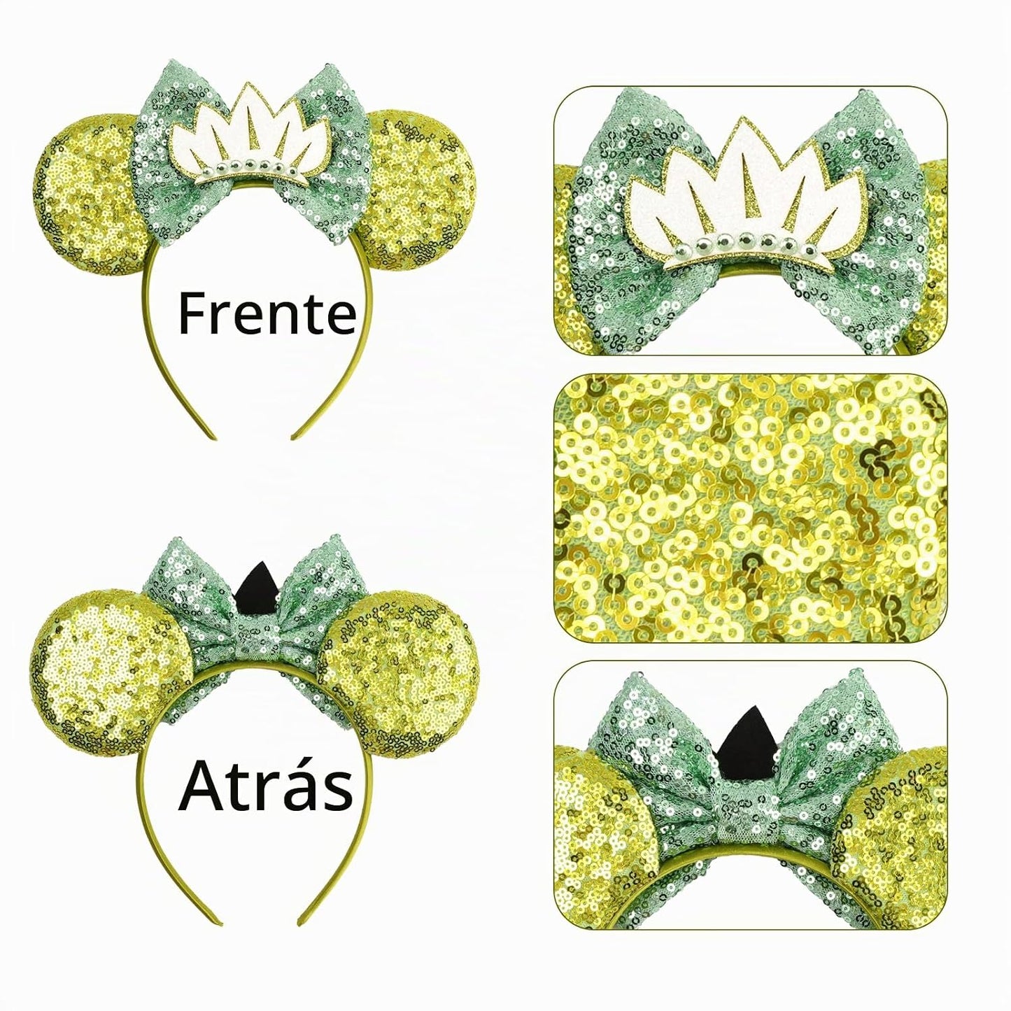 bianbaistar Diadema de orejas de ratón con lentejuelas verdes encantadas con corona de hojas, accesorio inspirado en princesas para parques temáticos y celebraciones reales