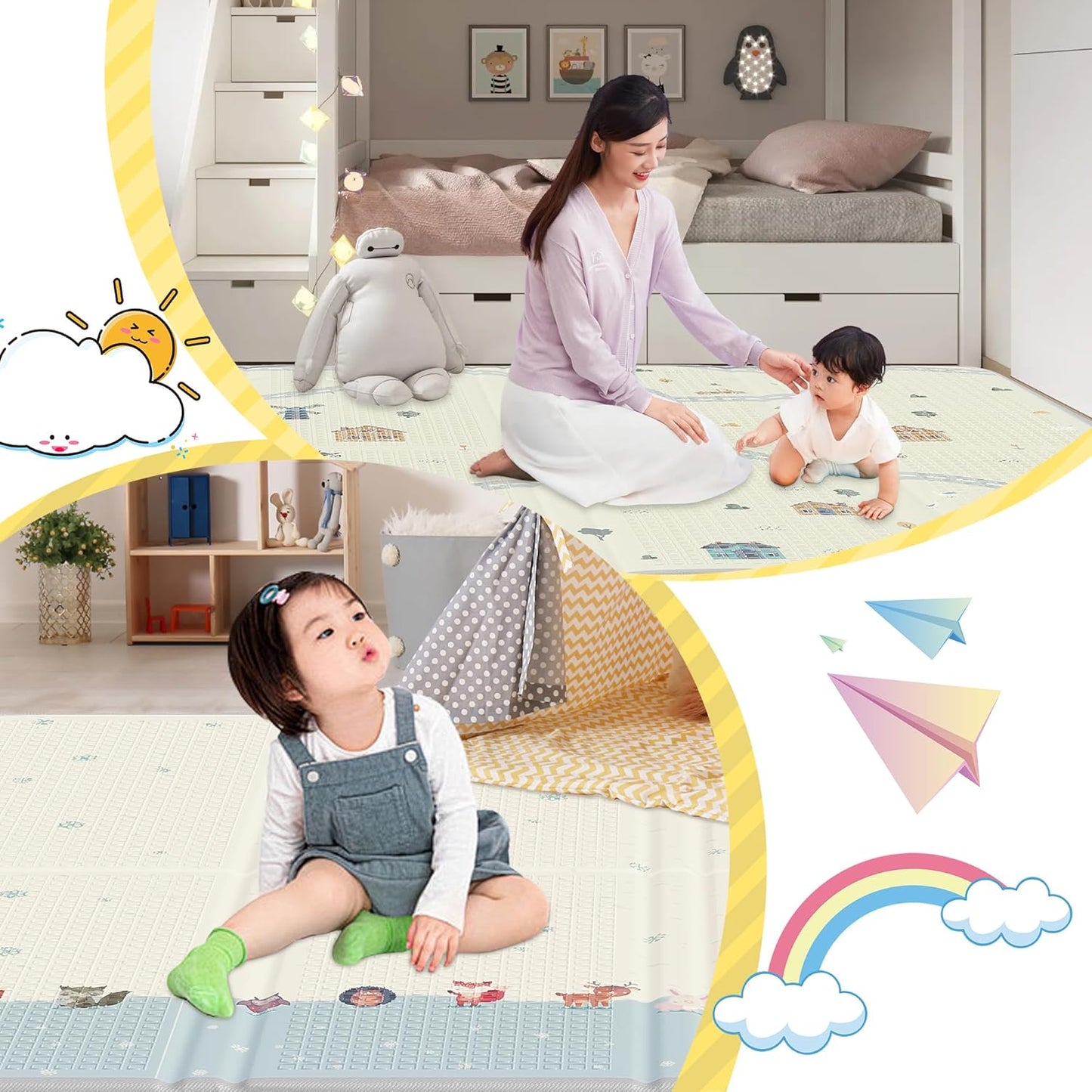 Artake Baby Play Mat, Easy Storage, Thick, Foldable, Waterproof, Soundproof Mat, Baby Nap Mat (Shed + Snow, 78.7 x 70.9 x 0.8 inches (200 x 180 x 2 cm)
