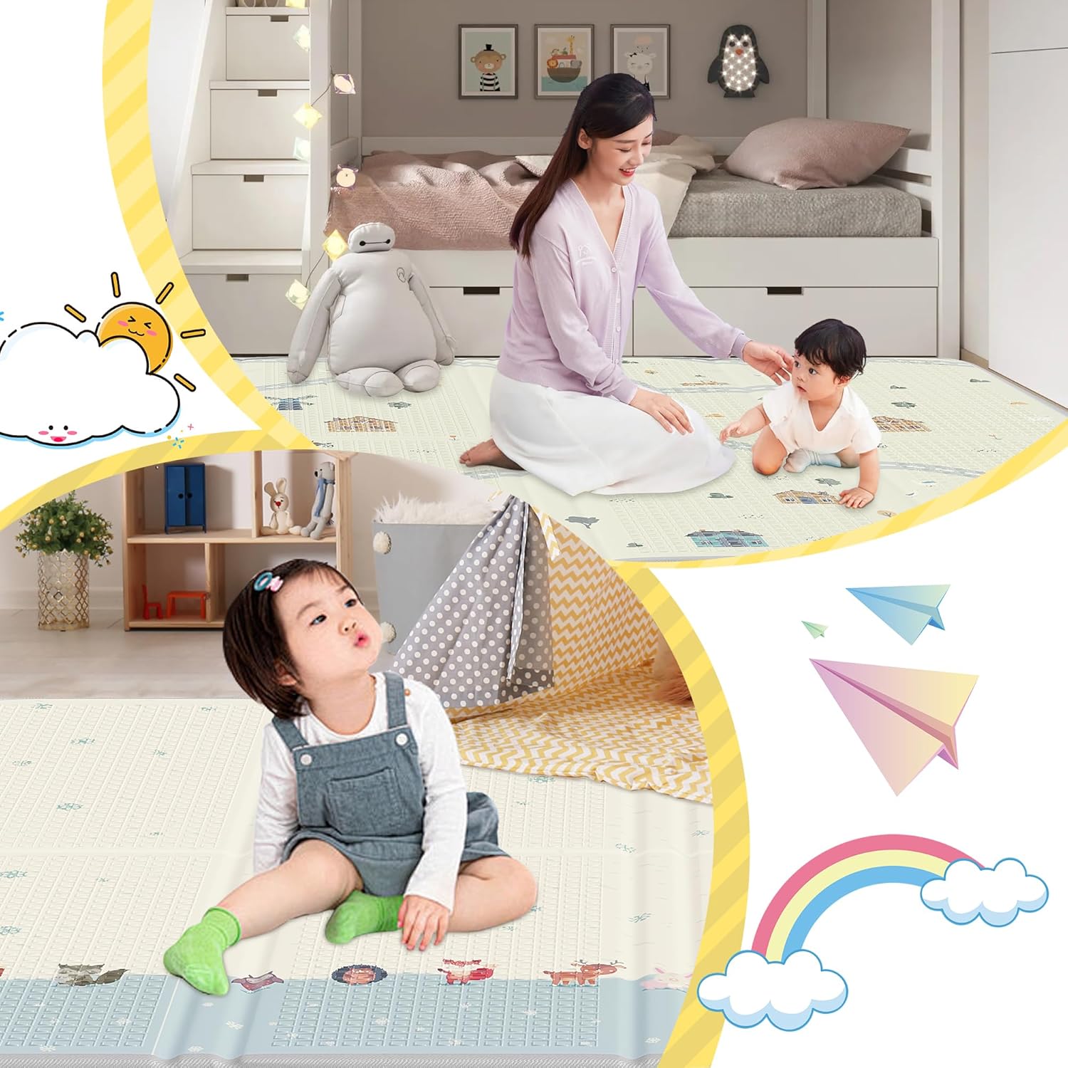Artake Baby Play Mat, Easy Storage, Thick, Foldable, Waterproof, Soundproof Mat, Baby Nap Mat (Shed + Snow, 78.7 x 70.9 x 0.8 inches (200 x 180 x 2 cm)