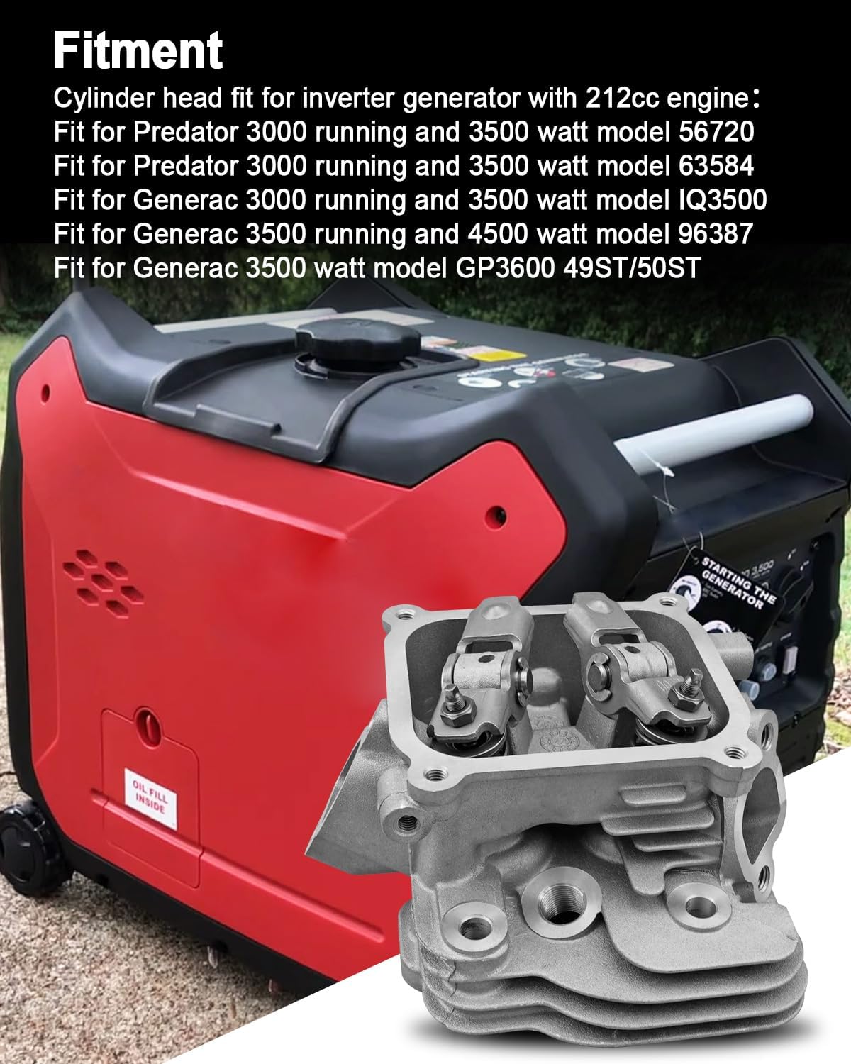 プレデター3500ワット&ジェネラック3500/4500ワットの一部のモデルに適合するシリンダーヘッドアセンブリ、212ccエンジンインバータージェネレーターに適合、IQ3500 56720 63584 96387 GP3600 49ST 50STの交換