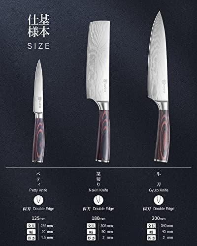 PAUDIN 3-Piece Knife Set, Gyuto Sword, Nakiri Knife, Petty Knife + Knife Sharpener, Manual Sharpening, 3 Levels, No Whetstone Required, Compatible with Knives, Scissors, and Knives