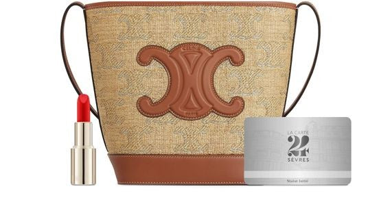 CELINE Small bucket cuir Triomphe in raffia effect textile with Triomphe jacquard - Image 5